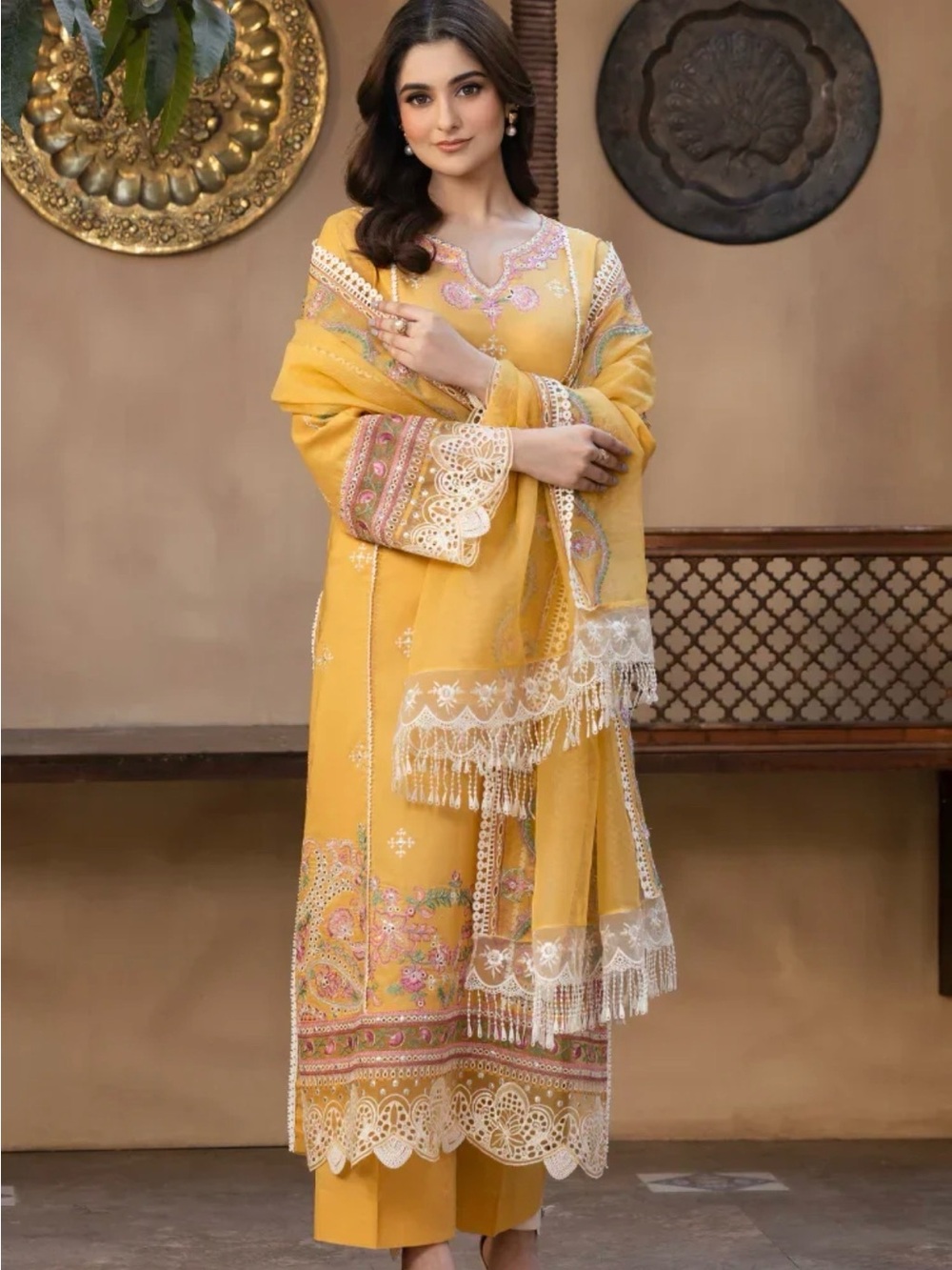 Pakistani Yellow Embroidered Lawn Suit with Pink & Green Accents